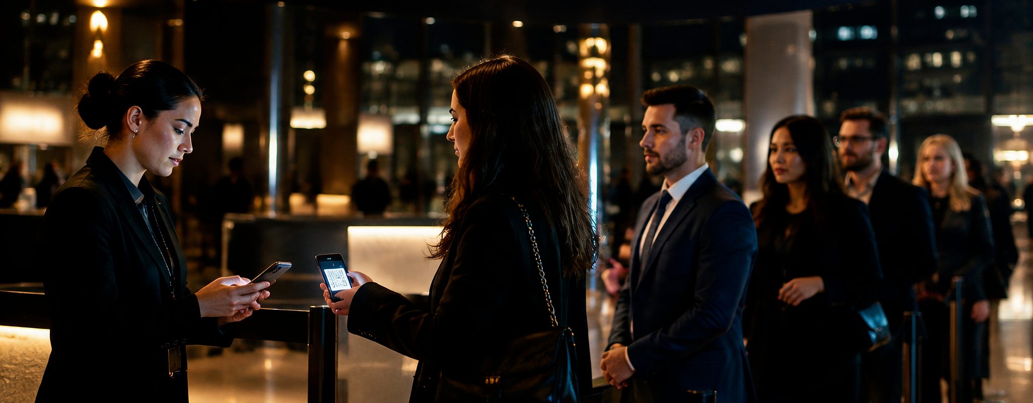 Personal de la entrada escaneando con su teléfono el código QR que una invitada muestra en su pantalla, con la fila de invitados detrás