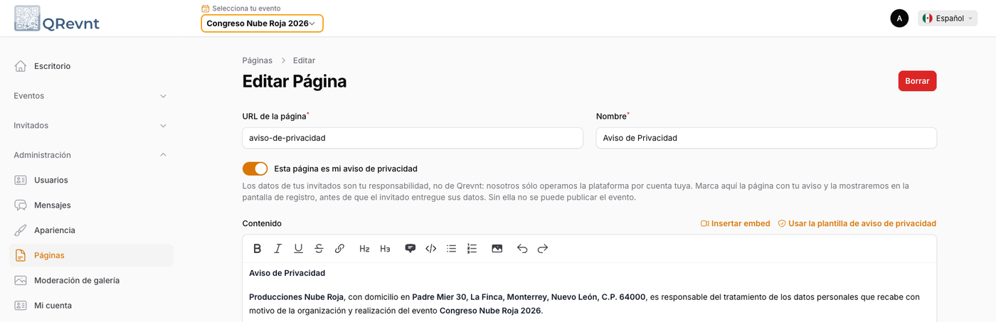 El aviso de privacidad del evento, ya redactado